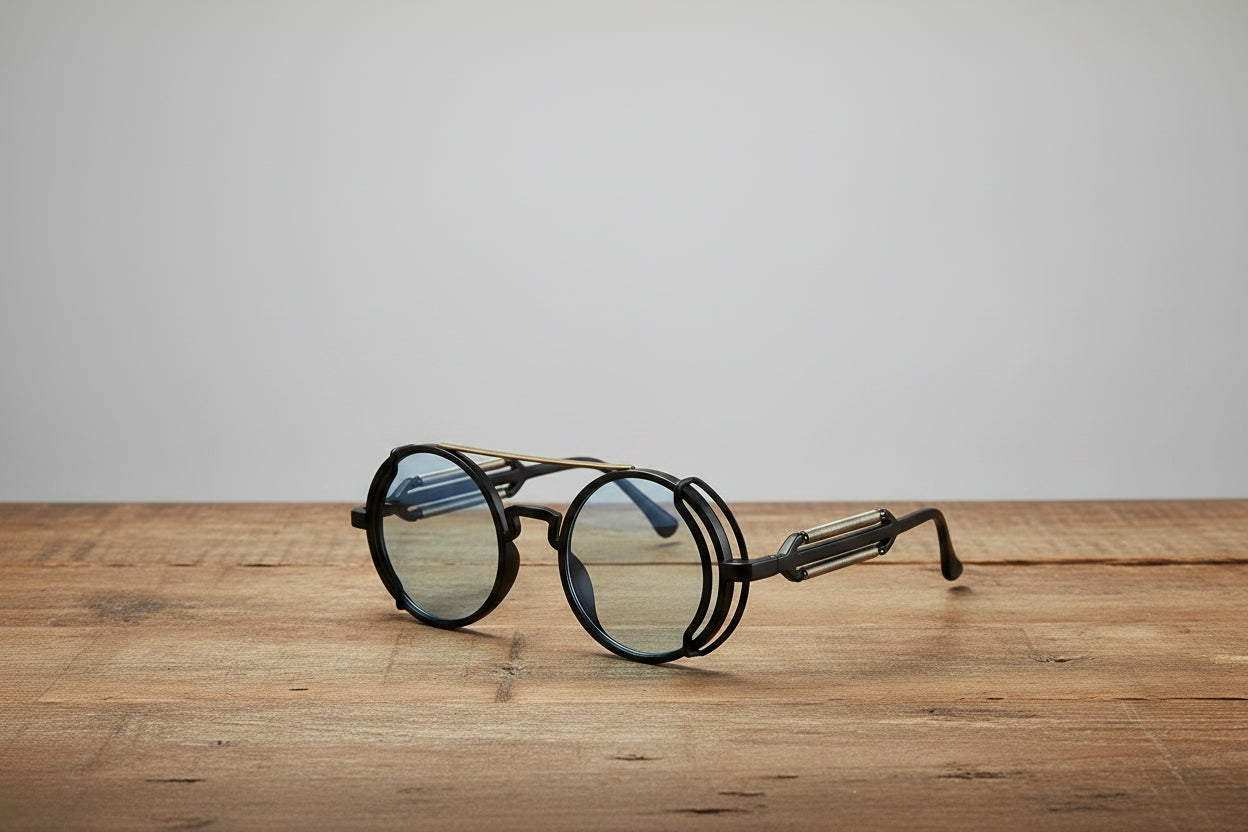A pair of steampunk-style round sunglasses with thick black metal frames, silver-toned decorative hardware, and light blue-tinted lenses, shown against a solid gray background.
