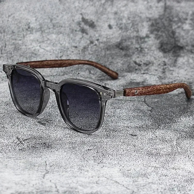 Wood-grain retro rectangular sunglasses with UV400 lenses